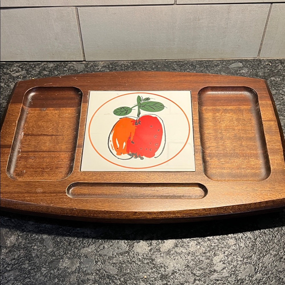 Vintage 16X11 Wooden Cheese board Serving Tray with Fruit Design Tile